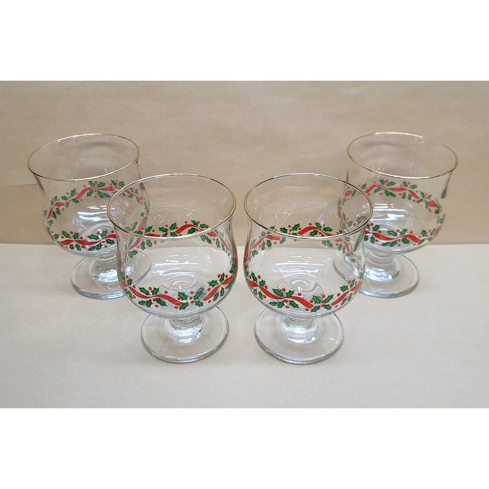 Libbey Christmas Holly Ribbon Gold Rim Stemmed Dessert/Coupe Glasses Set of 4